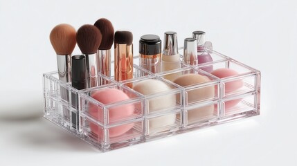 Clear acrylic makeup organizer holding brushes, sponges, and cosmetic bottles.