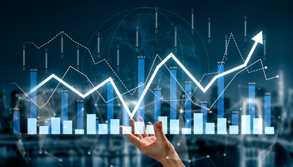 A hand reaches out toward a rising graph, symbolizing growth and success in business analytics. The image combines technology elements in a digital environment. Scalp
