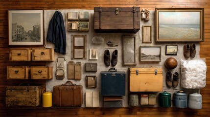 Vintage wall display with suitcases, shoes, boxes, photos, and framed art.
