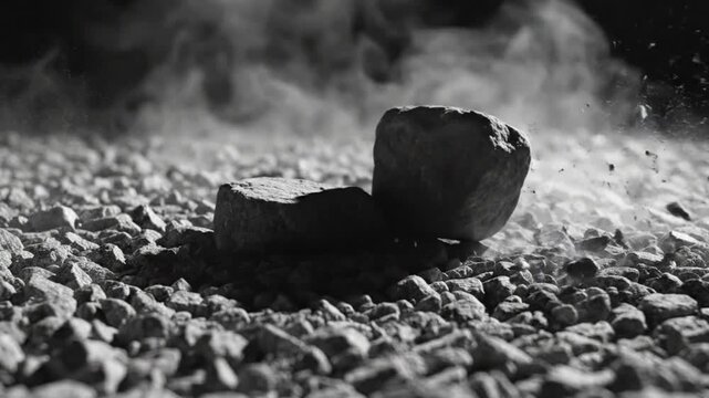 Black and white slow motion of a rock dropping and breaking apart onto a gravel surface, creating dust