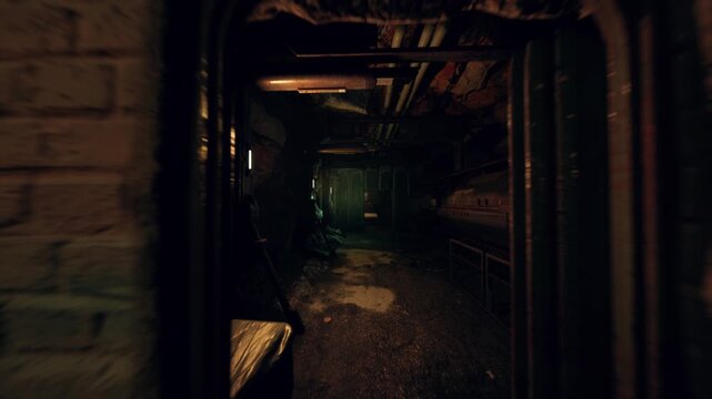 narrow clandestine passage lined with pipes, bolted gate and rusted chain, damp floor with puddles and moss, tense urban exploration vibe suggesting
