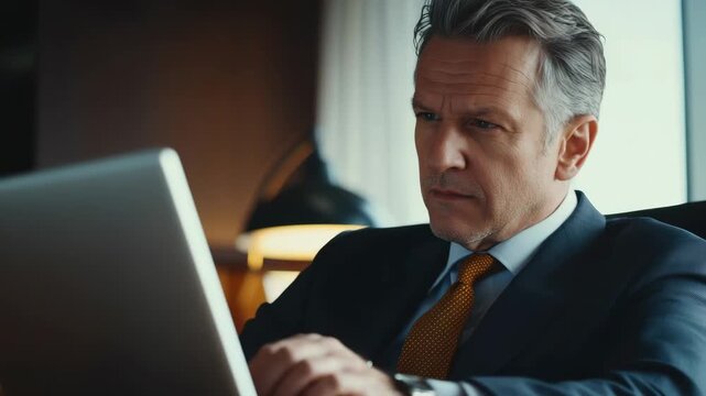 A man wearing a suit with a concerned look on his face, engrossed in working on his laptop.