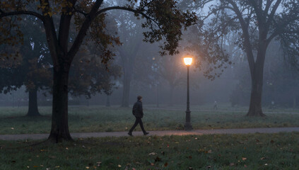 A solitary figure walks through a misty dawn park beside a glowing streetlamp