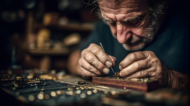 Elderly watchmaker restoring intricate clock mechanism in workshop - Powered by Adobe