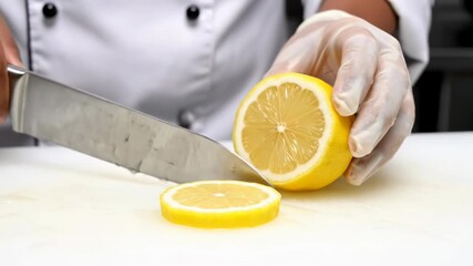 Chef uses knife to cut lemon into slices on white cutting board. Kitchen setting with food preparation tools visible. Concept of culinary arts, cooking classes, food service
