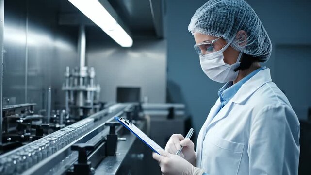 Woman scientist inspects pharmaceutical production line with vials in factory. Female worker checks vials on production line. Scientist controls pharmaceutical quality. Factory inspection work.