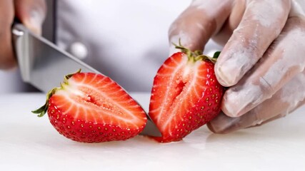 Chef holds knife and cuts strawberries in half. Bright kitchen with clean counters enhances fresh food preparation. Concept of culinary arts, food service, cooking classes