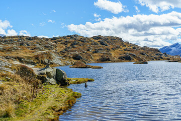 A lake on the San Bernardino Pass in the Swiss Alps. The mountains are yellow and orange, very bright The sky is blue and clear With a few clouds.
