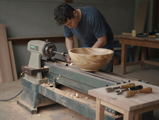 Cinematic wide shot of an outdoor woodworking area showing a craftsman turning a large bowl on a heavy-duty lathe with wood chips spraying.