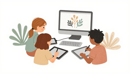 Children Drawing Digitally on Tablets and Computer Illustration