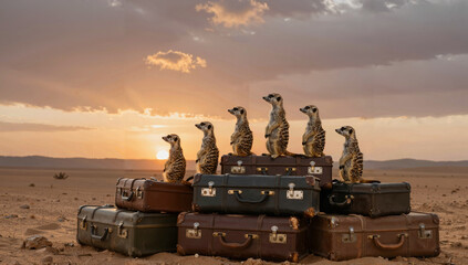 Cinematic scene: meerkats perched on stacked vintage suitcases at sunset in a desert