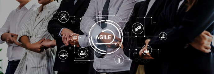 A diverse professional team stands united, showcasing their commitment to agile methodology, emphasizing teamwork and digital strategies for business growth. Trope