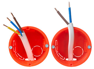 Small plastic electrical box in the wall for electrical cables, isolated background. Three- and two-wire cable.