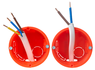 Small plastic electrical box in the wall for electrical cables, isolated background. Three- and two-wire cable.