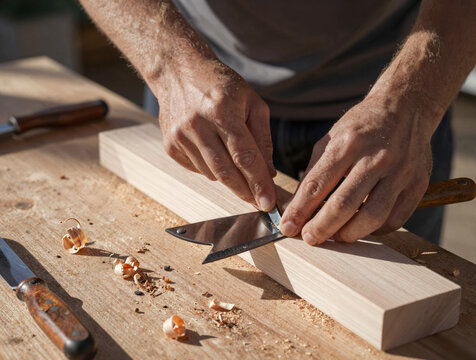 Close-up of a woodworker's hands carving a block on an outdoor workbench in warm afternoon sunlight - Powered by Adobe