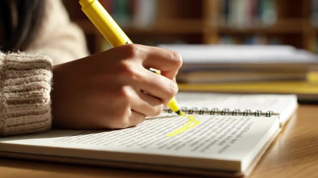 Person highlights text in notebook with yellow marker. Library background with organized bookshelves creates focused study environment. Concept of education, learning, academic support