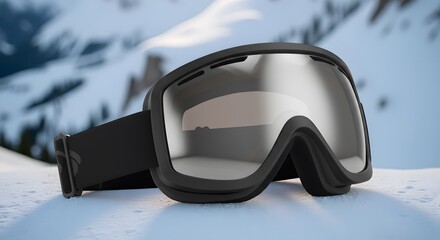 Black ski goggles on snow for winter sports and mountain activities