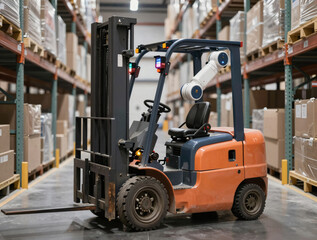 Laser-guided robotic forklift navigating a narrow-aisle warehouse with glowing sensors on its frame