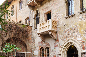 Juliet's stone balcony in Verona, Italy The balcony is made of light red stone