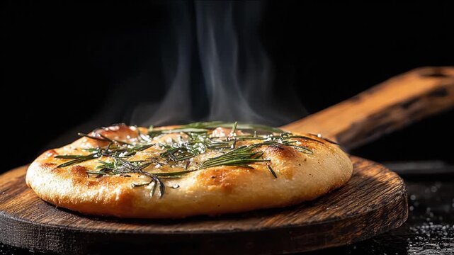 A freshly baked, round flatbread topped with herbs and salt, steaming on a wooden serving board