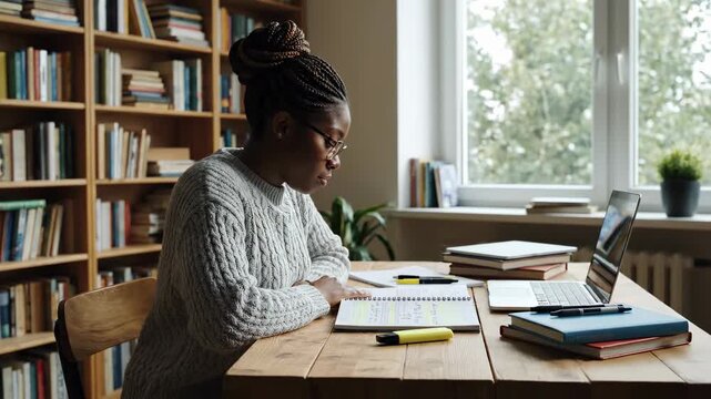 Woman focuses on study materials at wooden desk surrounded by bookshelves. Natural light enters through window creating bright workspace. Concept of education, learning resources, student services