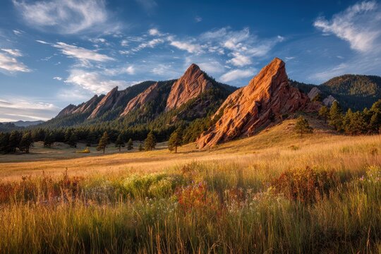 Wide-angle scene of Flatirons in Colorado, blue sky and distant pine forests