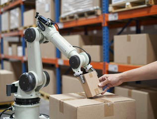 Industrial robotic arm in a warehouse picks a small cardboard package from a shelf and places it into a shipping box with human-like dexterity