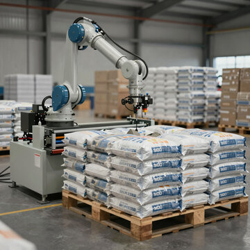 Robotic palletizer in a distribution center stacking cement bags onto a pallet with precise geometric alignment