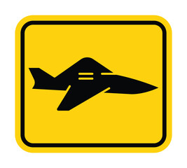 Warning Sign with Fighter Jet Icon on Bright Yellow Background