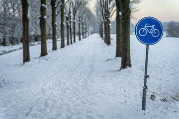 Dutch cycling path road sign in front of snow-covered bicycle lane surrounded by row of trees