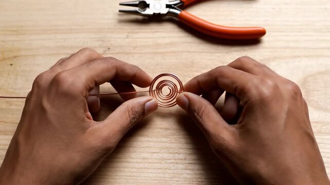 Craftsman shapes wire into spiral design using pliers. Clean wooden surface serves as workspace. Concept of crafting, DIY art, creative projects