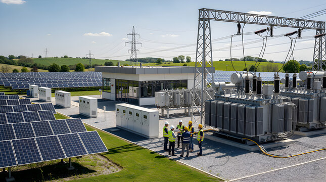Engineers collaborating at a solar farm substation, managing renewable energy output and grid connection from solar panel rows