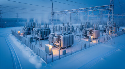 Electrical substation operating in harsh winter landscape, transmitting energy and power in extreme cold weather