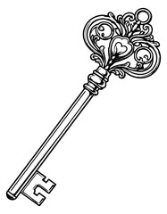 Hand drawn line art illustration of an ornate skeleton key depicting intricate decorative details for concepts of access and discovery