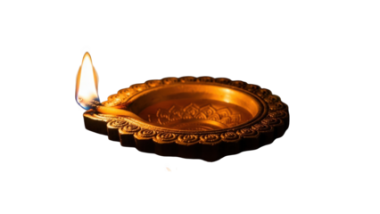 Golden diwali diya lamp with flame isolated on transparent background