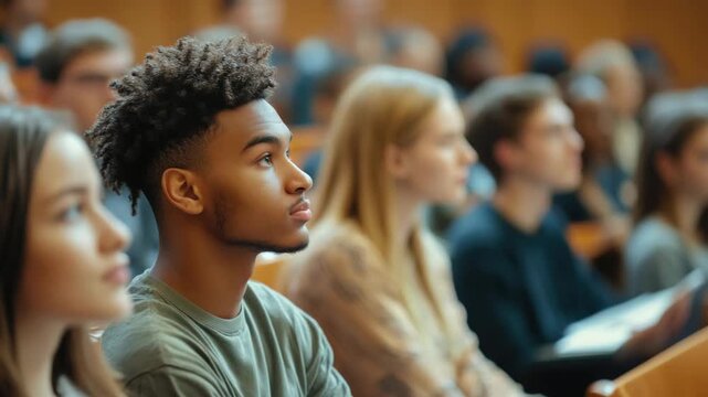 A student in a lecture hall, looking towards the instructor with a focused gaze, indicative of attentive listening and engagement.