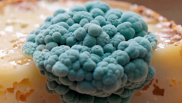 Textured macro shot of vibrant blue fungus growing on a yellow cheese surface for food spoilage concept and microbial contamination study