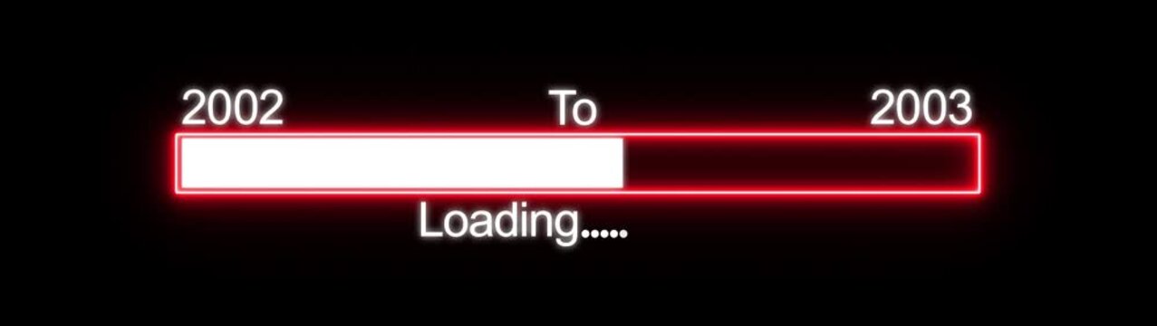 Retro Loading Bar Between Years 2002 and 2003 with Red Neon Glow on Black Background