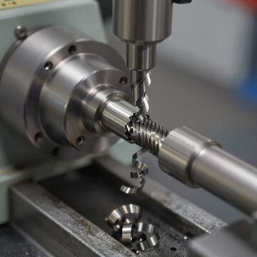 Macro shot of a tungsten bit threading a steel rod on a precision lathe, with spiraling metal shavings