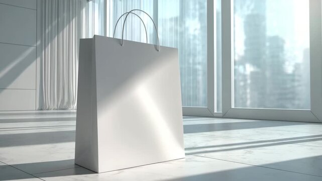 White shopping bag stands prominently in a bright, modern interior space with large windows casting soft shadows on the polished floor, showcasing its clean design and structure