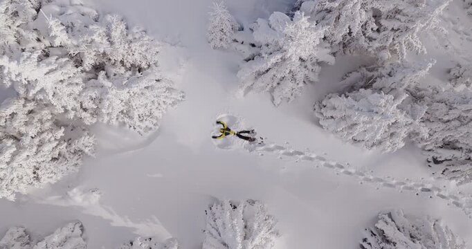Top down drone shot slowly rotating and descending toward a young man lying in fresh snow, waving his arms and creating a snow angel. Playful winter moment in a pristine snowy forest.