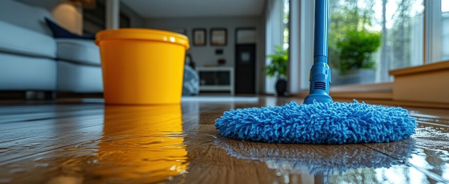 Blue mop and yellow bucket on a wet wooden floor with reflections, cleaning a spill
