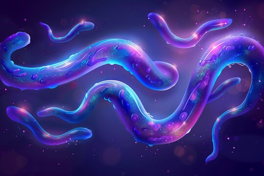 Surreal digital macro art of five bioluminescent bacteria in electric colors and flowing shapes
