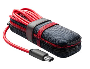Fototapeta premium Red and black braided USB Type C charging cable with case.