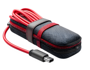 Red and black braided USB Type C charging cable with case.