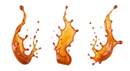 Three dynamic golden-brown caramel splashes, frozen mid-air, glistening surfaces, tiny droplets, transparent background, copy space, soft studio lighting. Concept for sweet food advertising