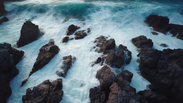 Drohnen-Luftbild rauer Felsenk&uuml;ste mit t&uuml;rkisfarbener Brandung
