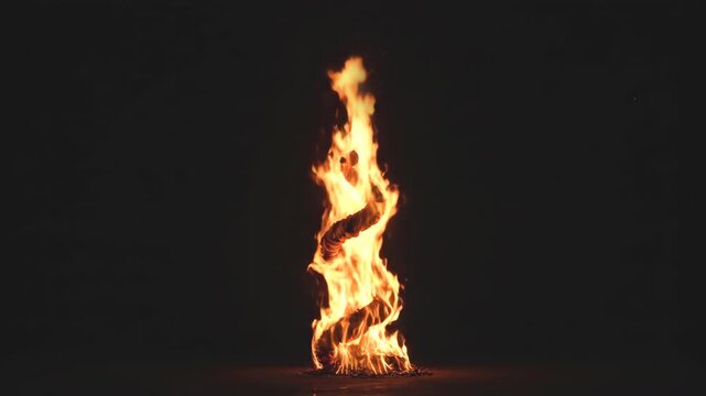 Hypnotic isolated pillar of fire twisting in a slow motion serpentine vortex against a black background