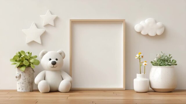 Two plush teddy bears are positioned on a wooden surface beside potted plants and decorative elements, showcasing a charming arrangement with a blank frame for personalization
