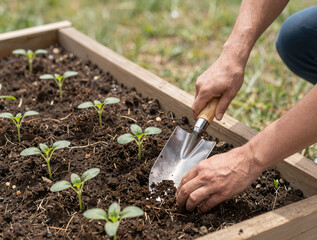 Fototapeta premium Gardener planting young seedlings in a sunlit raised wooden bed with a metal trowel